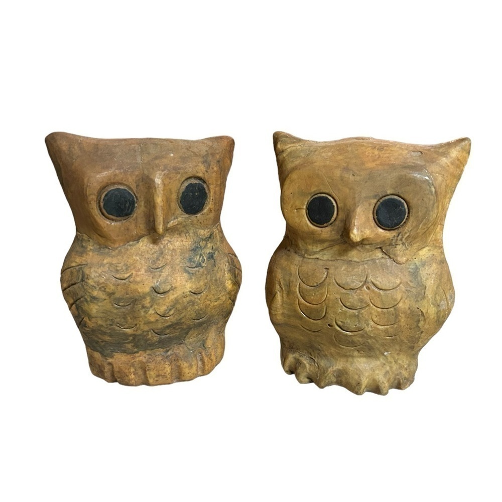 Set of 2 vintage folk art Crushed Oyster Shell Owl Sculptures Handmade